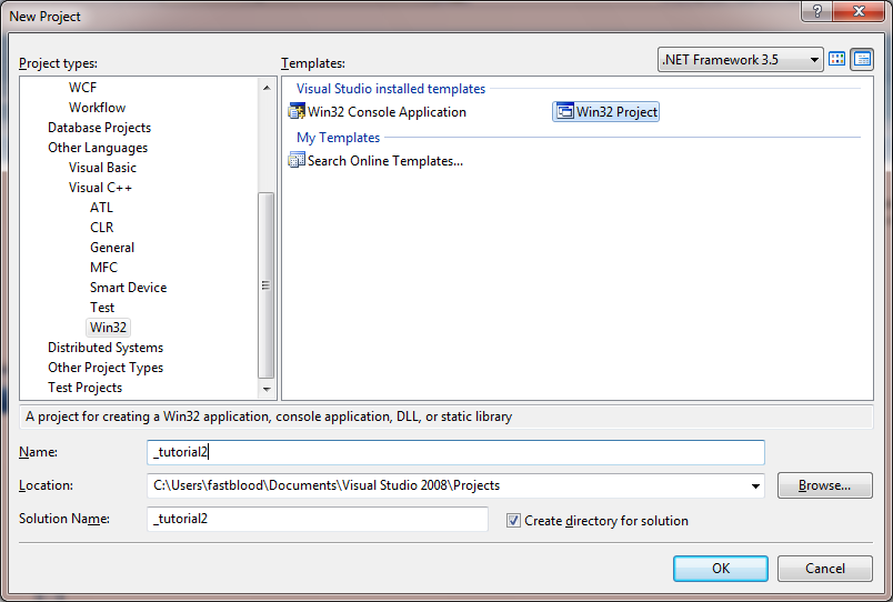 Рисунок 1. Создание проекта. Microsoft Visual C++ 2008 под Windows (hInstance, hPrevInstance, APIENTRY )